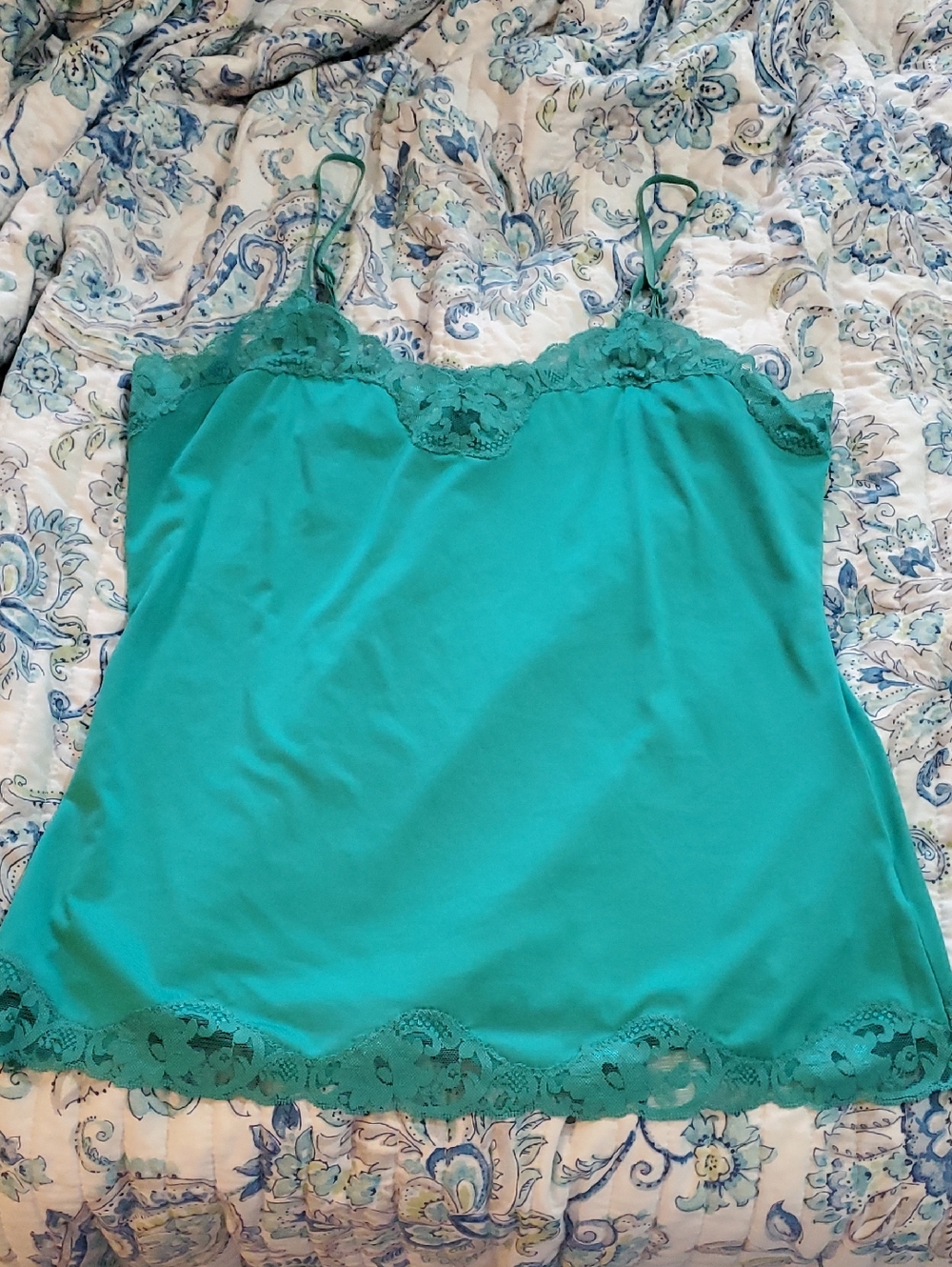 Women's Teal Satin Lace-Trim Camisole Top